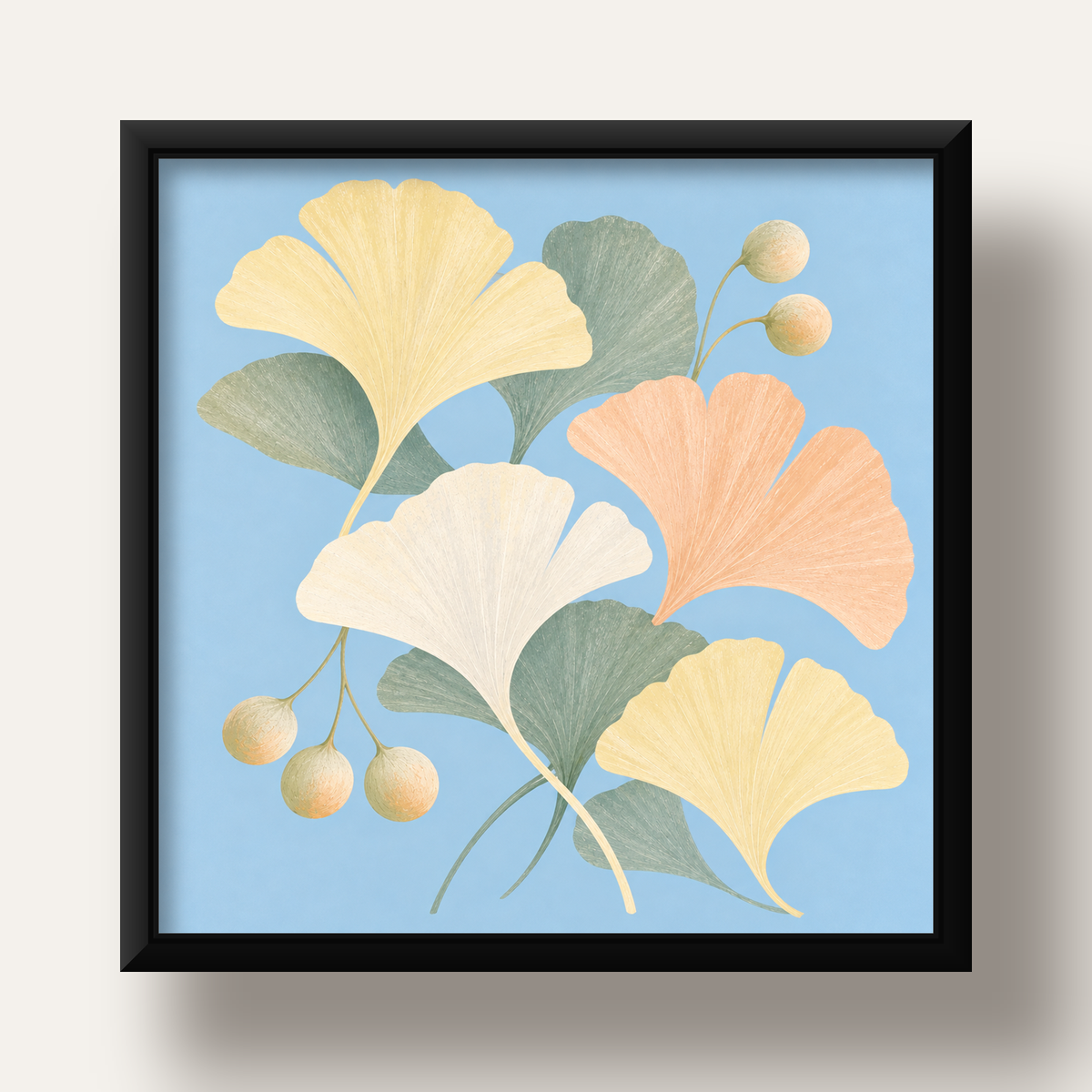 Pastel Gingko Yaprakları Dijital Poster - Zarif Duvar Sanatı — siyah derin çerçeveli