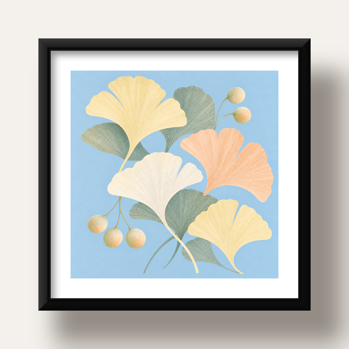 Pastel Gingko Yaprakları Dijital Poster - Zarif Duvar Sanatı — siyah derin çerçeveli paspartulu