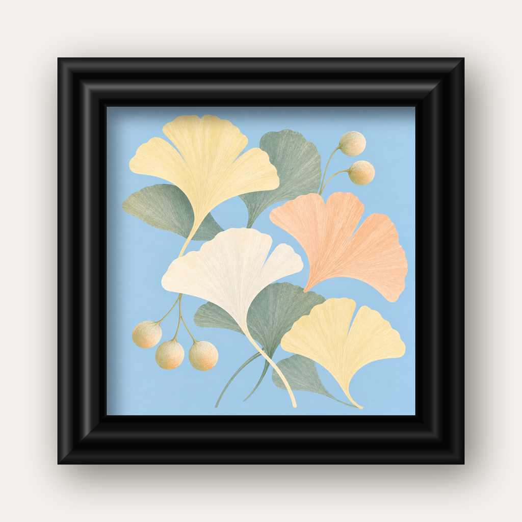 Pastel Gingko Yaprakları Dijital Poster - Zarif Duvar Sanatı — siyah galeri çerçeveli