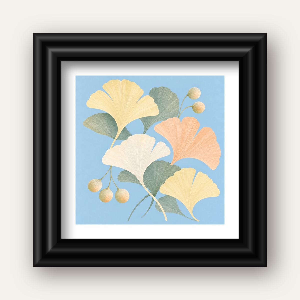 Pastel Gingko Yaprakları Dijital Poster - Zarif Duvar Sanatı — siyah galeri çerçeveli paspartulu