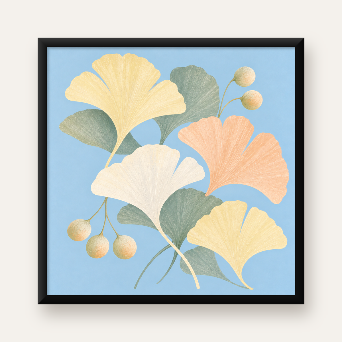Pastel Gingko Yaprakları Dijital Poster - Zarif Duvar Sanatı — Kare baskı, düz siyah çerçeveli duvar posteri