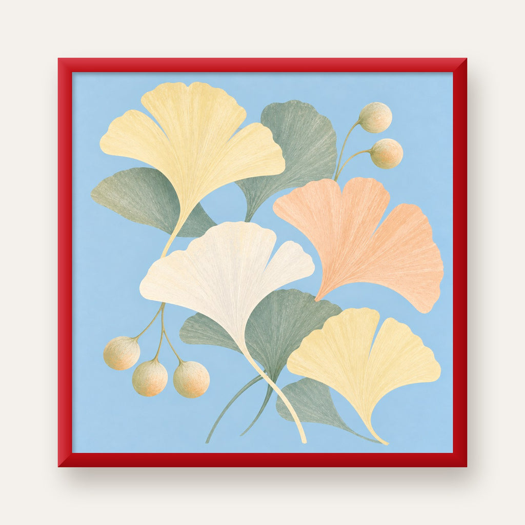 Pastel Gingko Yaprakları Dijital Poster - Zarif Duvar Sanatı — kırmızı çerçeveli
