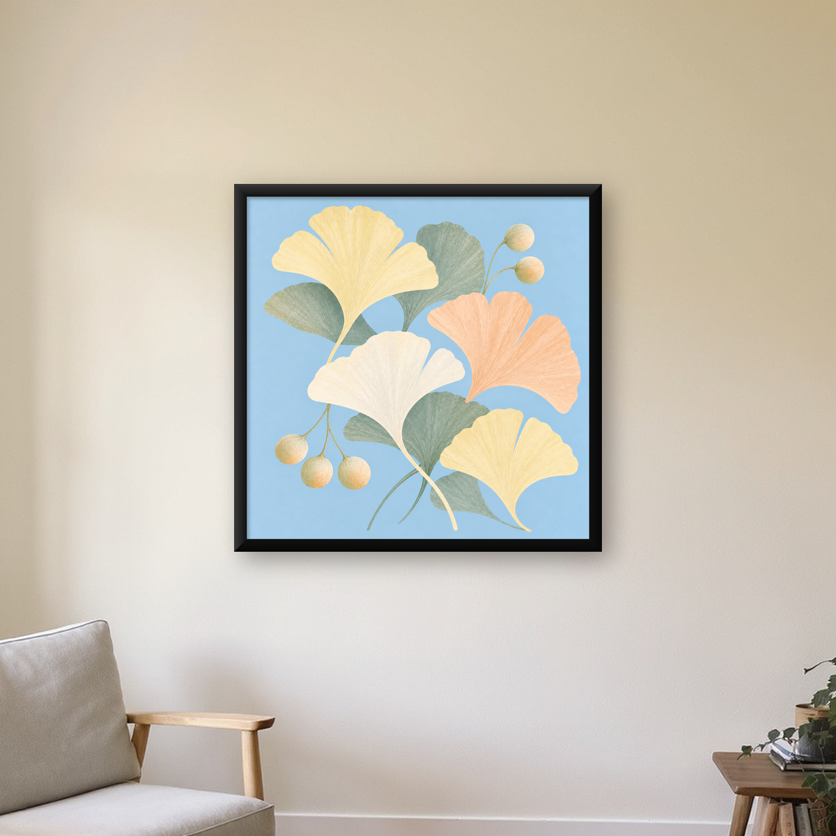 Pastel Gingko Yaprakları Dijital Poster - Zarif Duvar Sanatı — Kare baskı, çerçeveli hâliyle bir ev duvarında