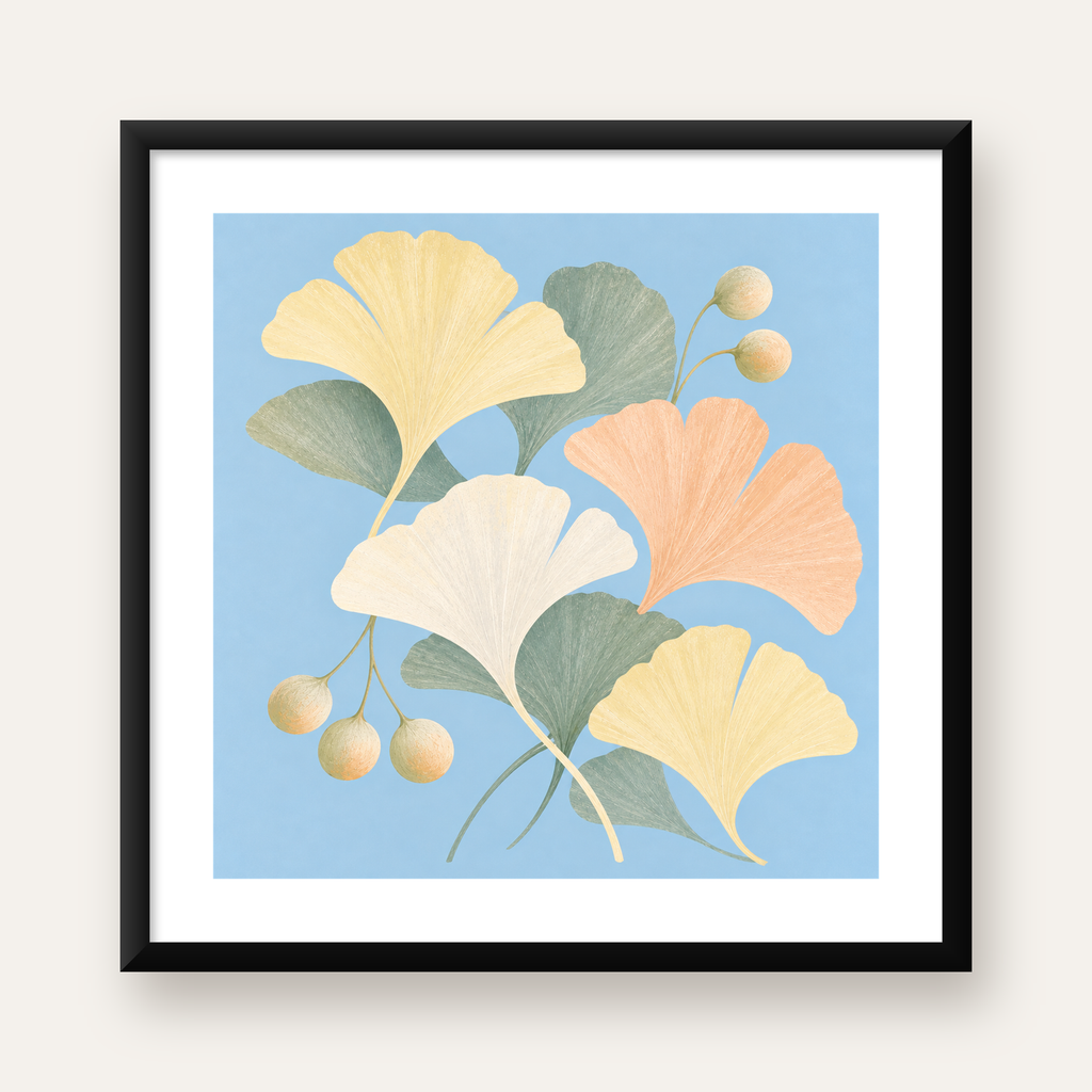 Pastel Gingko Yaprakları Dijital Poster - Zarif Duvar Sanatı — Kare baskı, beyaz paspartulu
