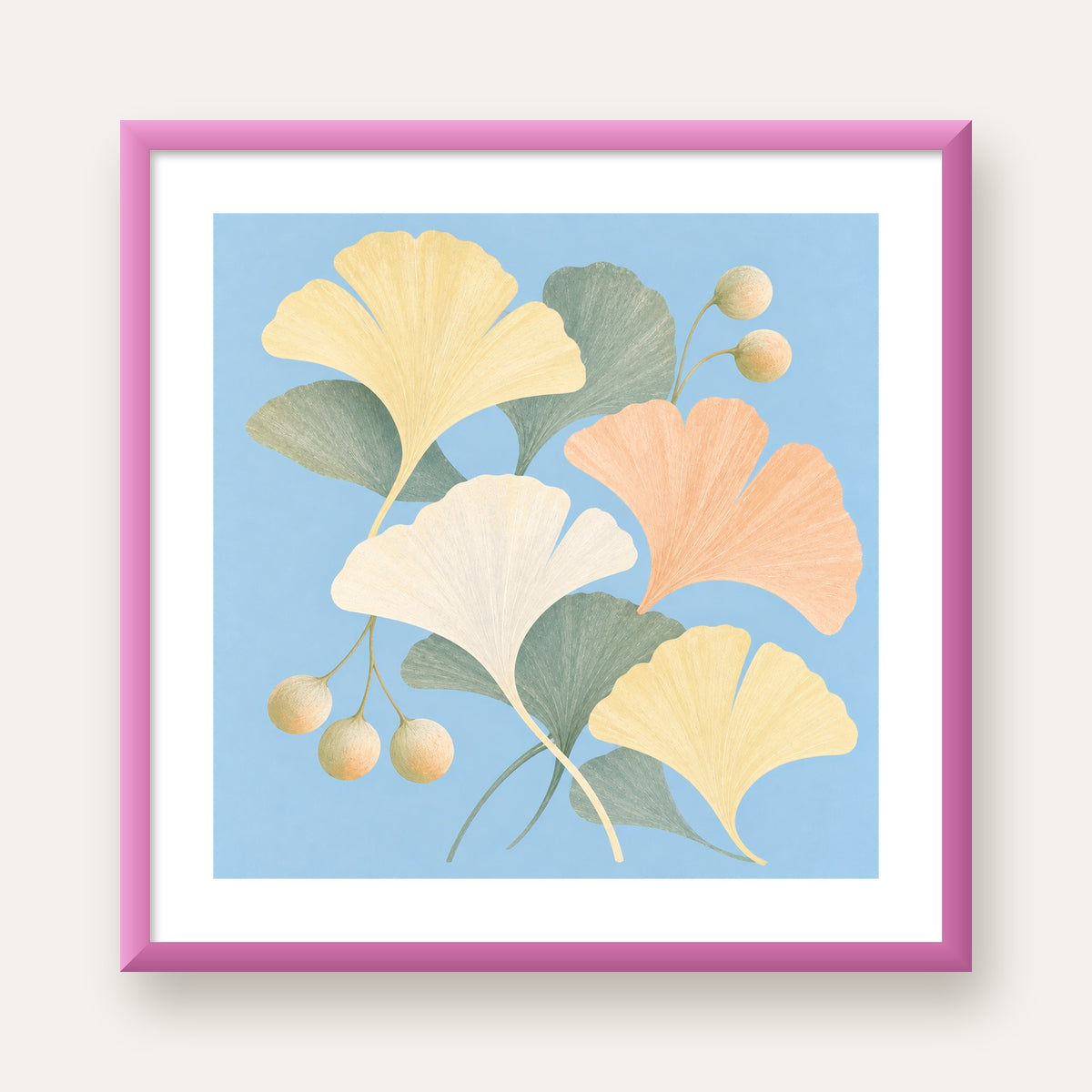 Pastel Gingko Yaprakları Dijital Poster - Zarif Duvar Sanatı — pembe çerçeveli paspartulu