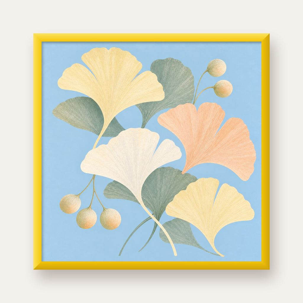 Pastel Gingko Yaprakları Dijital Poster - Zarif Duvar Sanatı — sarı çerçeveli