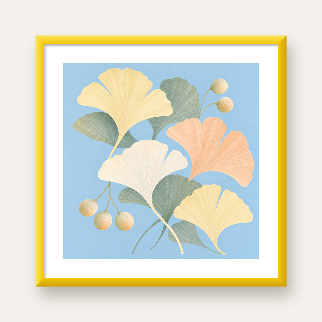 Pastel Gingko Yaprakları Dijital Poster - Zarif Duvar Sanatı — sarı çerçeveli paspartulu