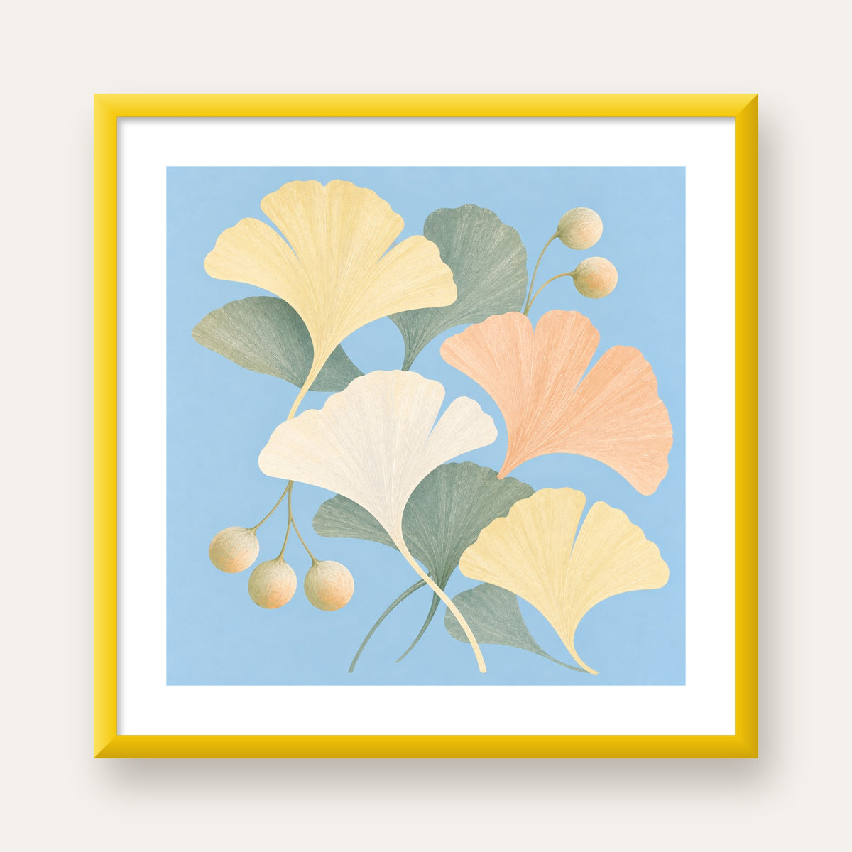 Pastel Gingko Yaprakları Dijital Poster - Zarif Duvar Sanatı — sarı çerçeveli paspartulu
