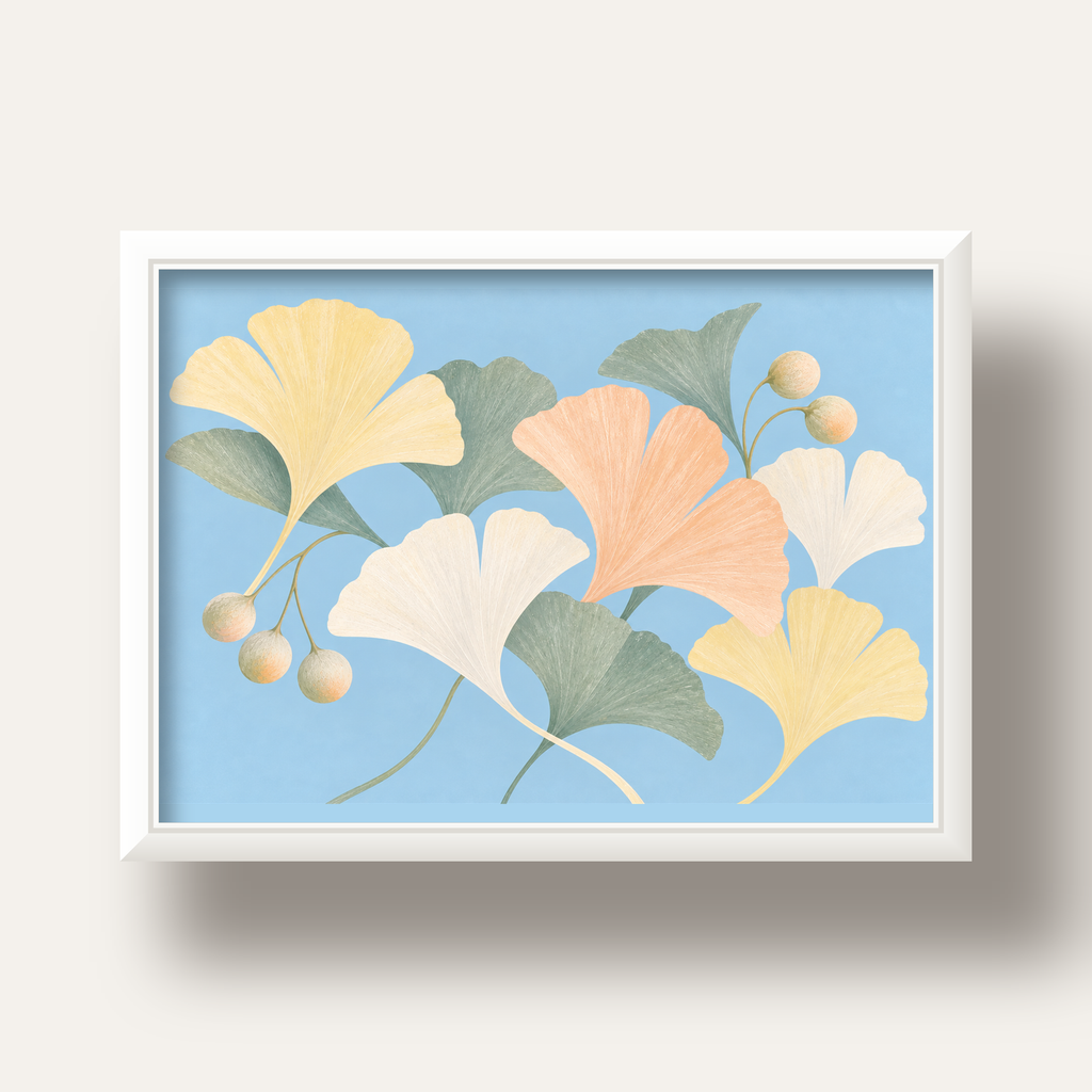 Pastel Gingko Yaprakları Dijital Poster - Zarif Duvar Sanatı — beyaz derin çerçeveli