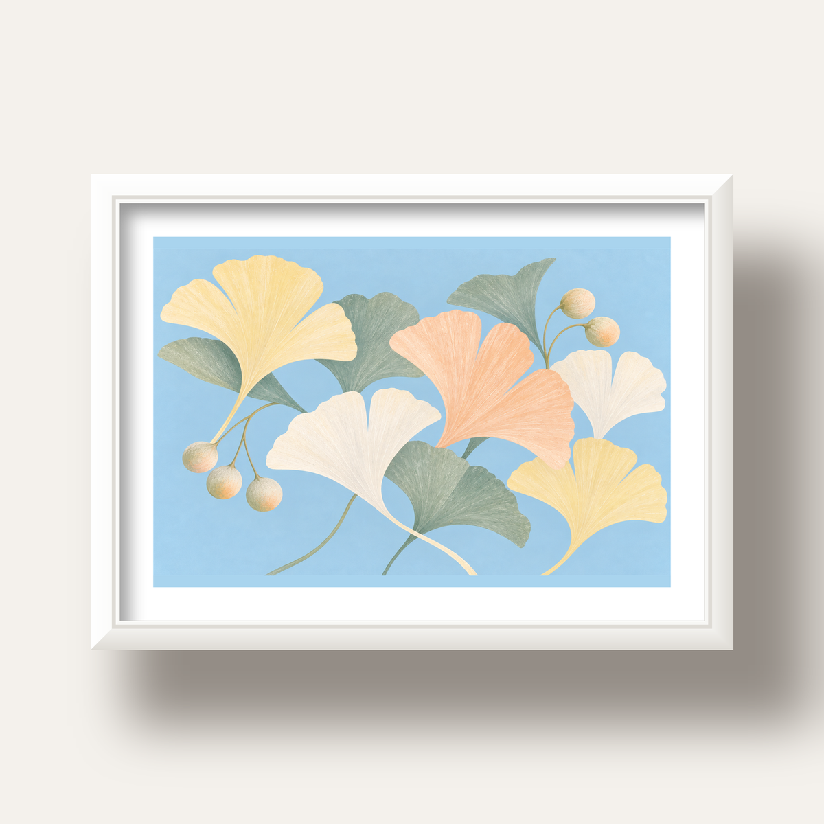 Pastel Gingko Yaprakları Dijital Poster - Zarif Duvar Sanatı — beyaz derin çerçeveli paspartulu