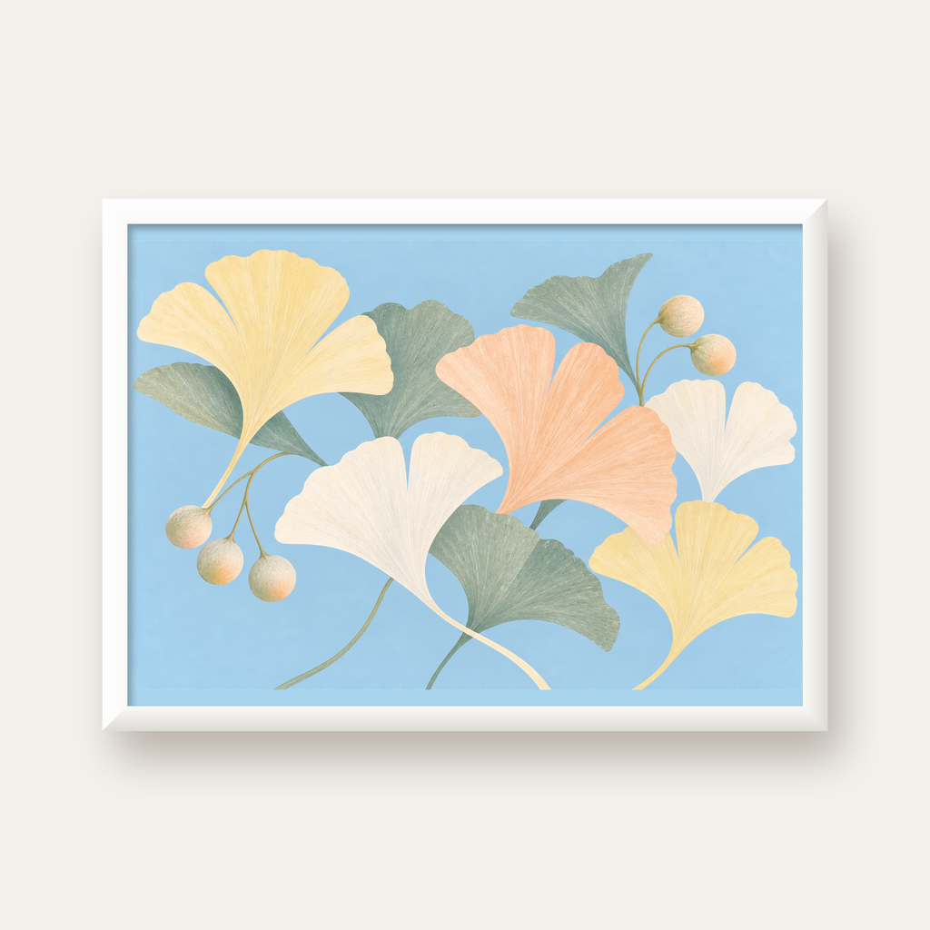 Pastel Gingko Yaprakları Dijital Poster - Zarif Duvar Sanatı — beyaz çerçeveli yatay poster