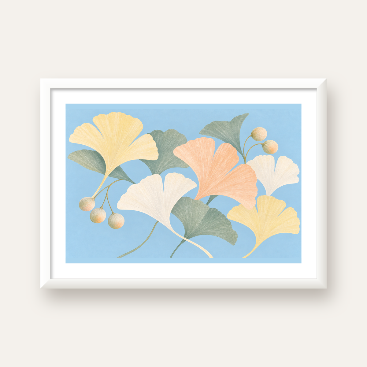 Pastel Gingko Yaprakları Dijital Poster - Zarif Duvar Sanatı — beyaz çerçeveli yatay poster