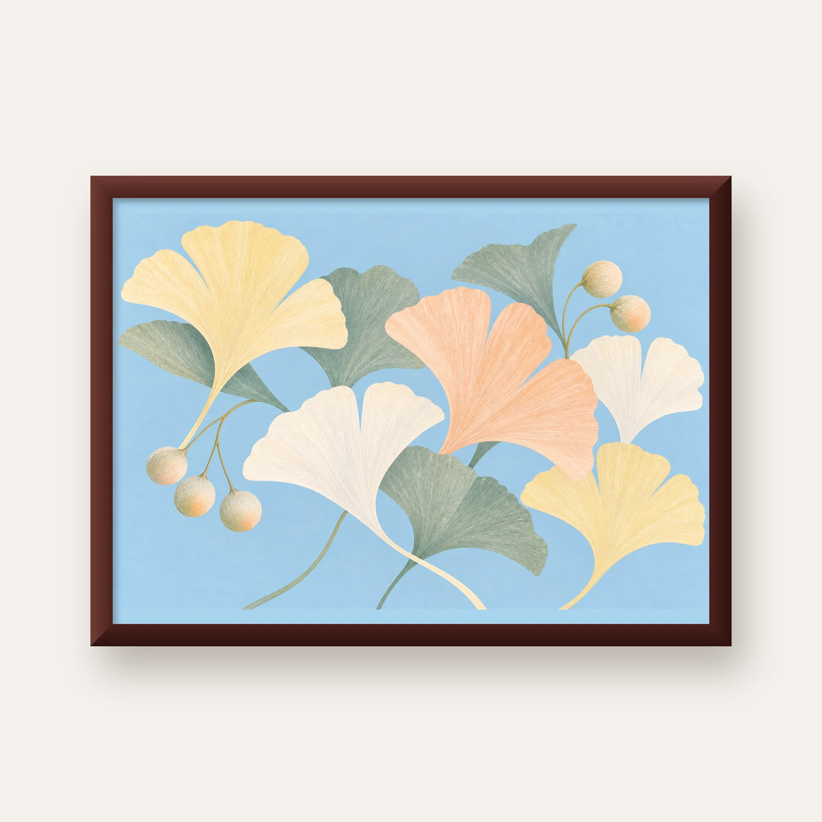 Pastel Gingko Yaprakları Dijital Poster - Zarif Duvar Sanatı — ceviz çerçeveli