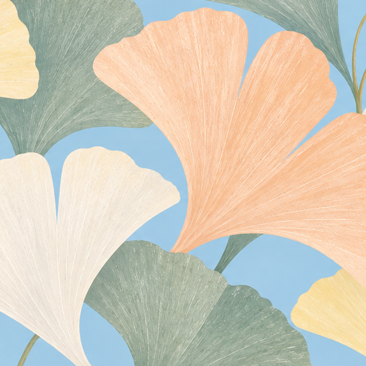 Pastel Gingko Yaprakları Dijital Poster - Zarif Duvar Sanatı — baskının yakın çekimi, kâğıt dokusu ve renk detayı