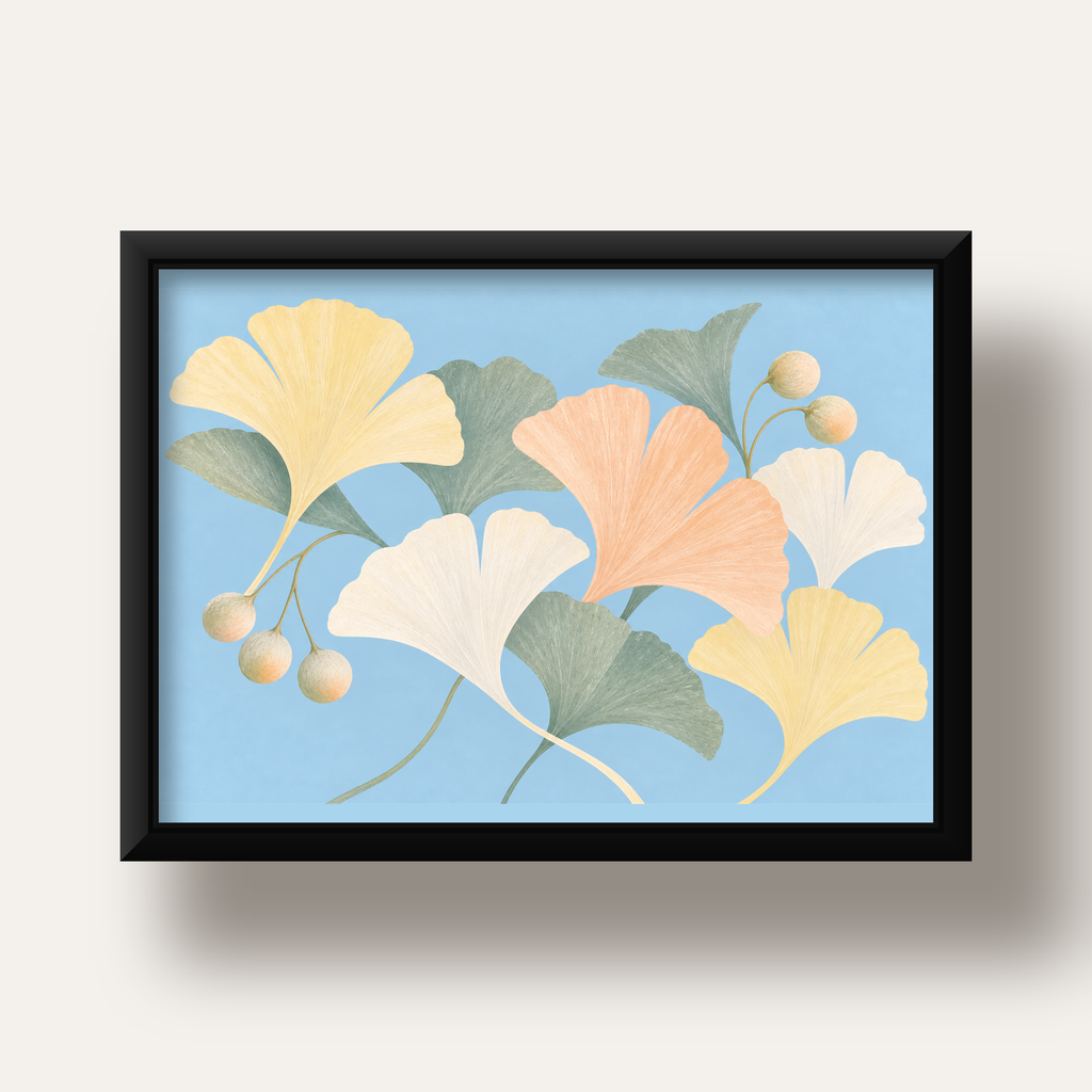 Pastel Gingko Yaprakları Dijital Poster - Zarif Duvar Sanatı — siyah derin çerçeveli