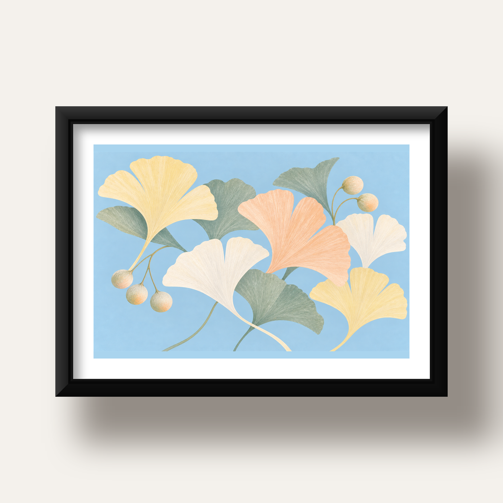 Pastel Gingko Yaprakları Dijital Poster - Zarif Duvar Sanatı — siyah derin çerçeveli paspartulu
