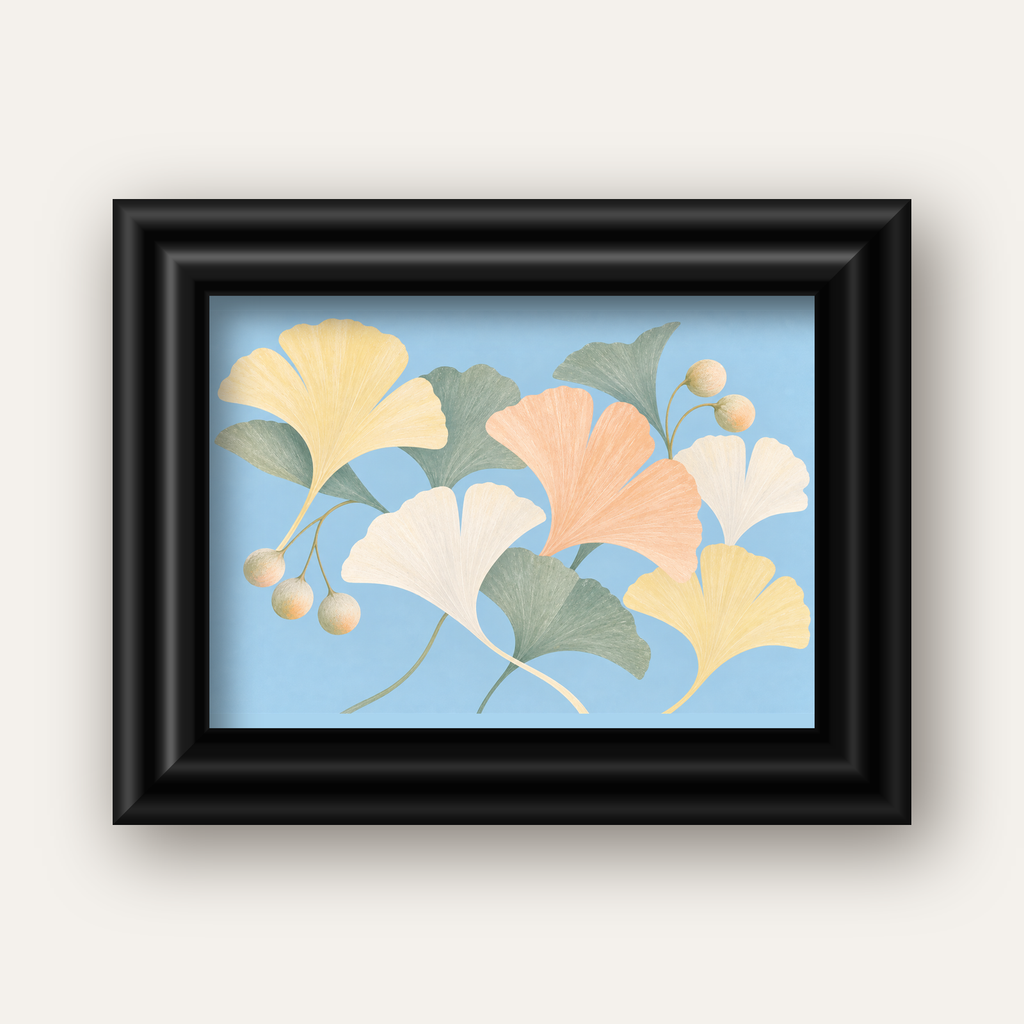 Pastel Gingko Yaprakları Dijital Poster - Zarif Duvar Sanatı — siyah galeri çerçeveli