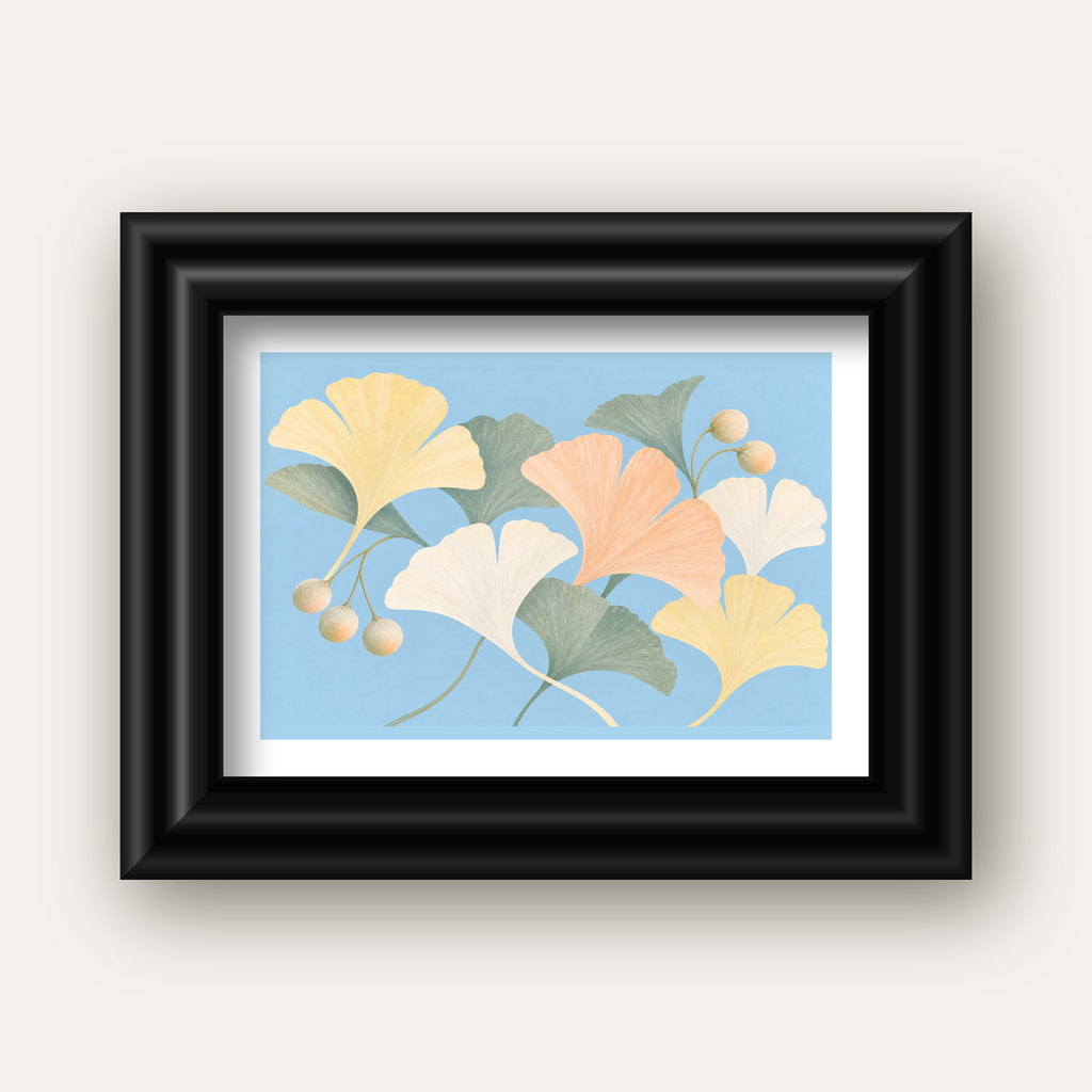 Pastel Gingko Yaprakları Dijital Poster - Zarif Duvar Sanatı — siyah galeri çerçeveli paspartulu