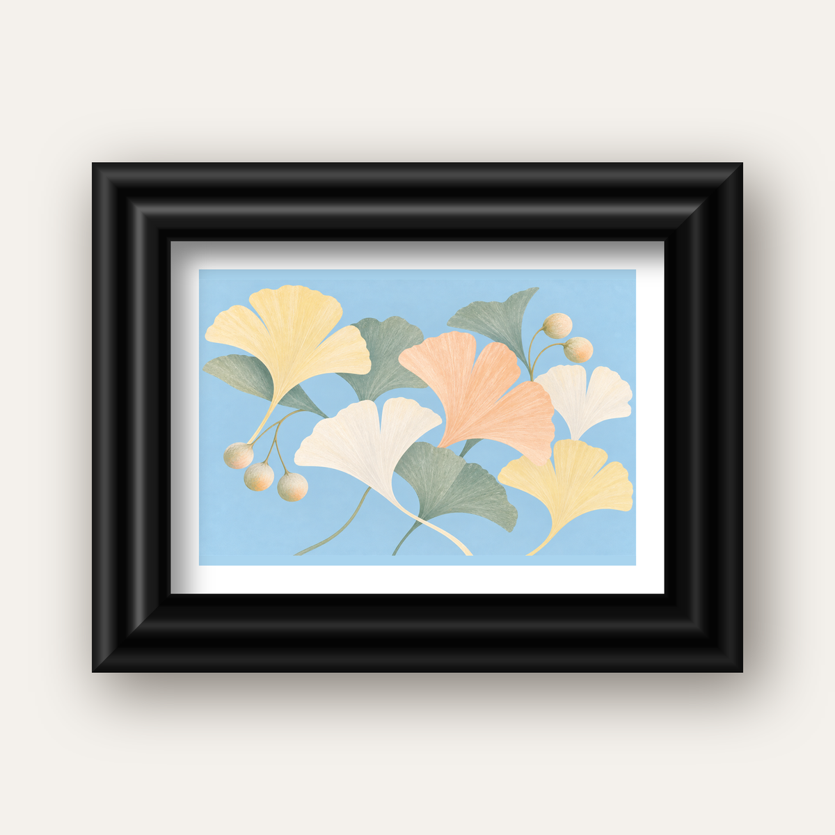 Pastel Gingko Yaprakları Dijital Poster - Zarif Duvar Sanatı — siyah galeri çerçeveli paspartulu