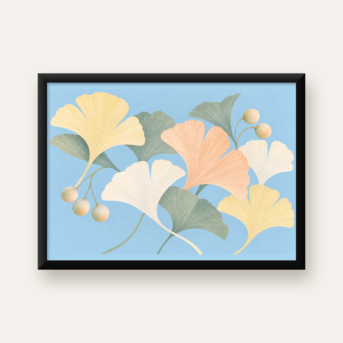 Pastel Gingko Yaprakları Dijital Poster - Zarif Duvar Sanatı — Yatay baskı, düz siyah çerçeveli duvar posteri