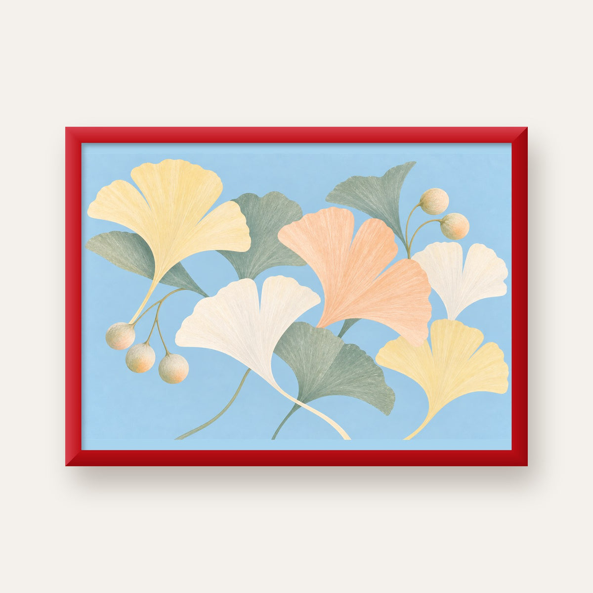 Pastel Gingko Yaprakları Dijital Poster - Zarif Duvar Sanatı — kırmızı çerçeveli