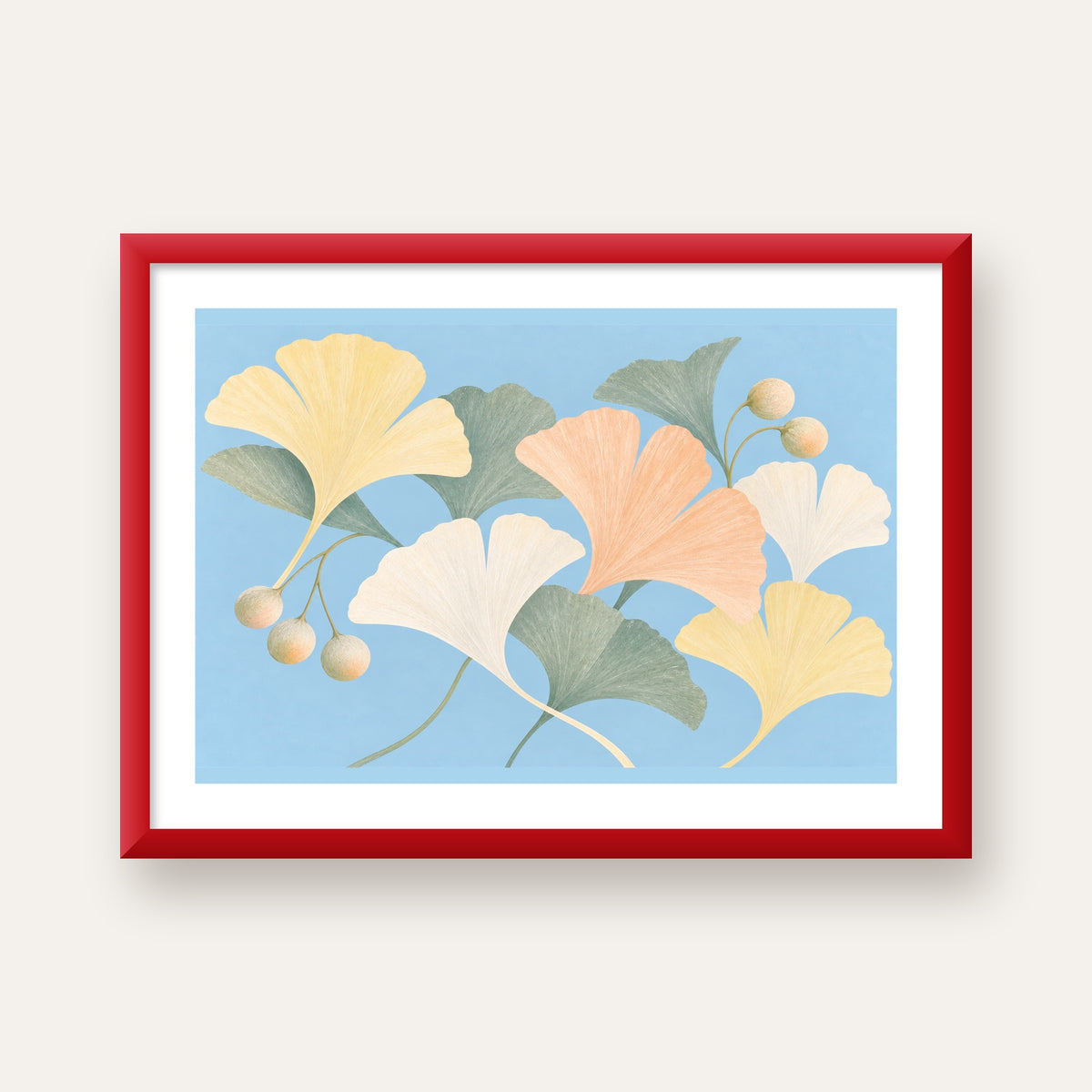 Pastel Gingko Yaprakları Dijital Poster - Zarif Duvar Sanatı — kırmızı çerçeveli paspartulu