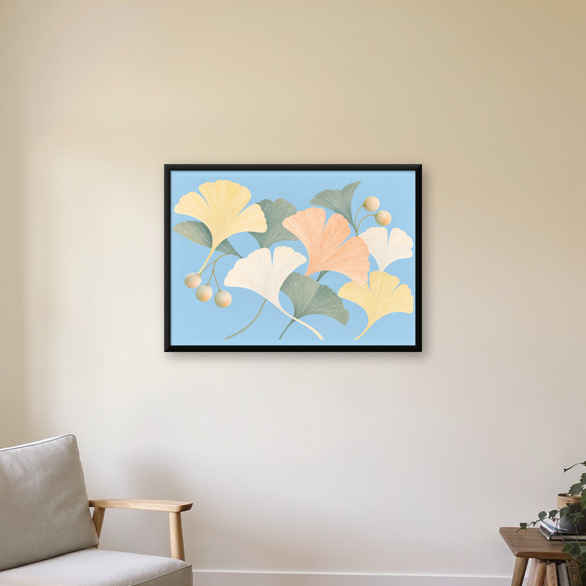 Pastel Gingko Yaprakları Dijital Poster - Zarif Duvar Sanatı — Yatay baskı, çerçeveli hâliyle bir ev duvarında