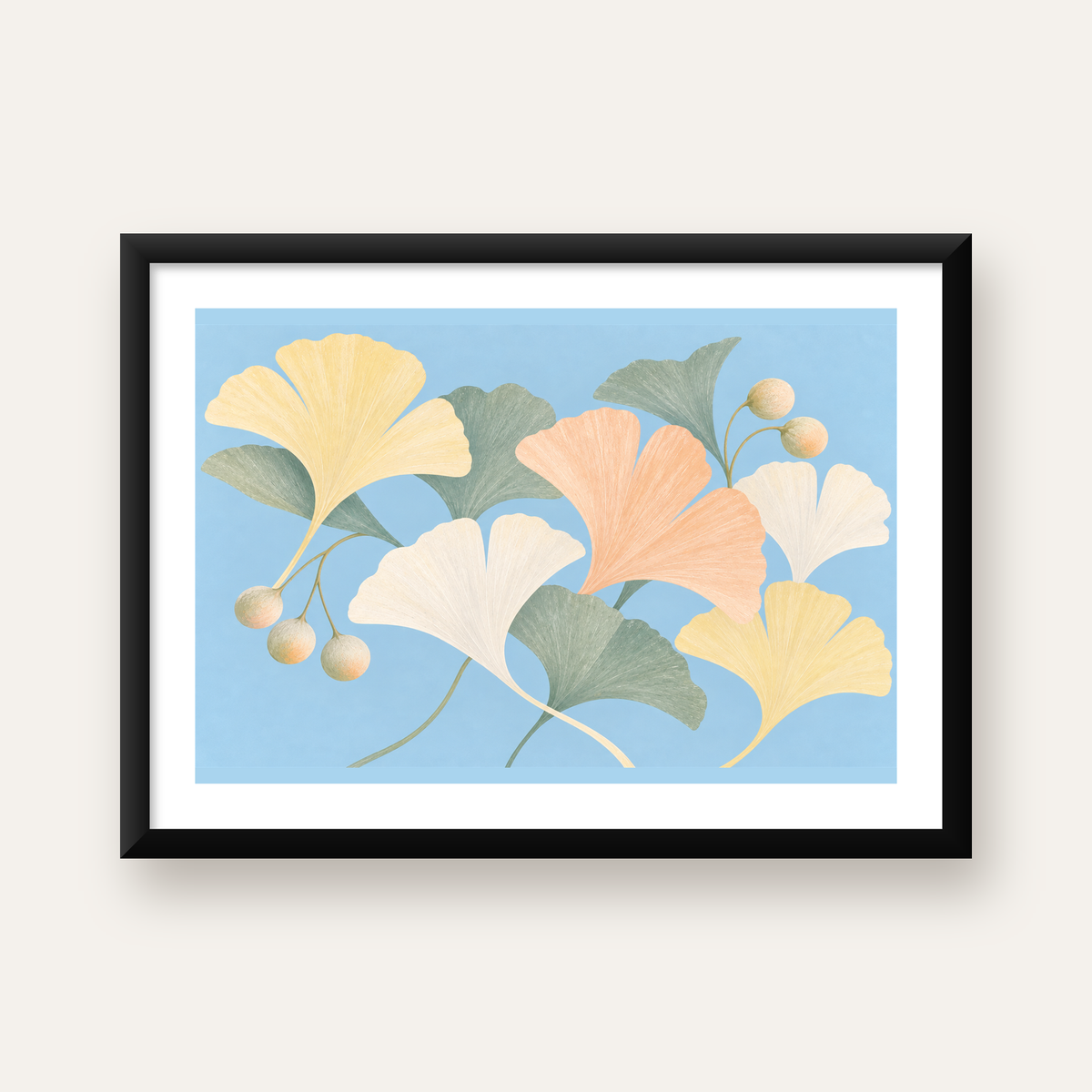 Pastel Gingko Yaprakları Dijital Poster - Zarif Duvar Sanatı — Yatay baskı, beyaz paspartulu