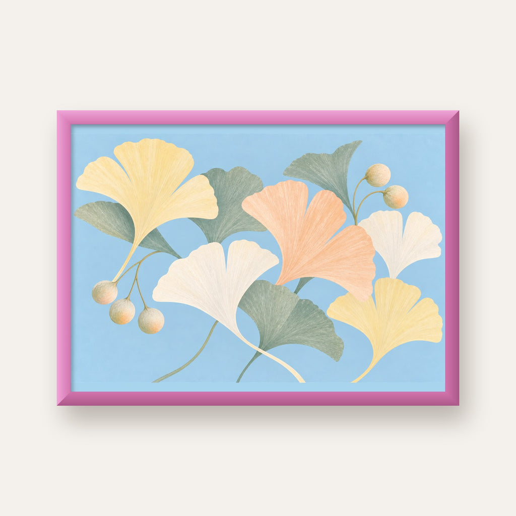 Pastel Gingko Yaprakları Dijital Poster - Zarif Duvar Sanatı — pembe çerçeveli