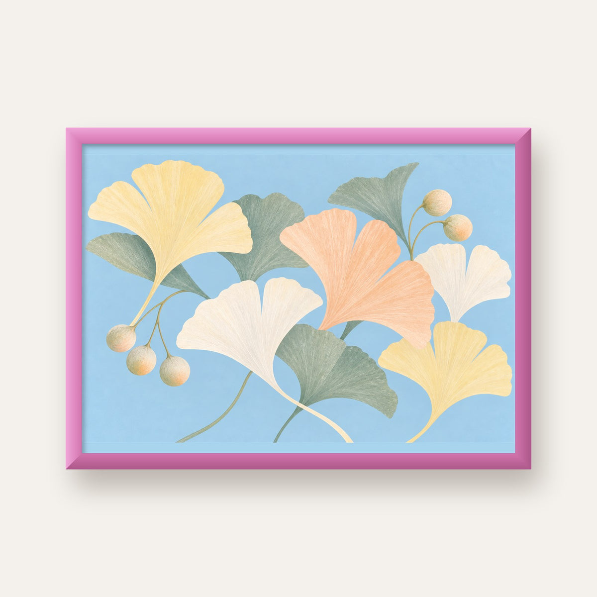 Pastel Gingko Yaprakları Dijital Poster - Zarif Duvar Sanatı — pembe çerçeveli