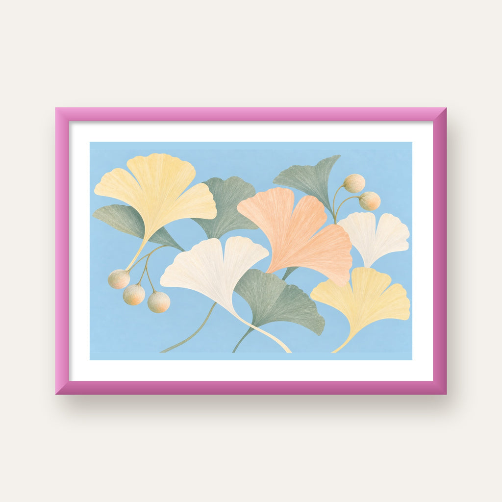 Pastel Gingko Yaprakları Dijital Poster - Zarif Duvar Sanatı — pembe çerçeveli paspartulu