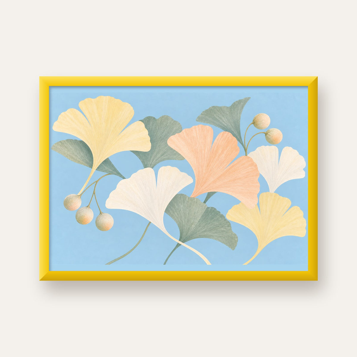 Pastel Gingko Yaprakları Dijital Poster - Zarif Duvar Sanatı — sarı çerçeveli