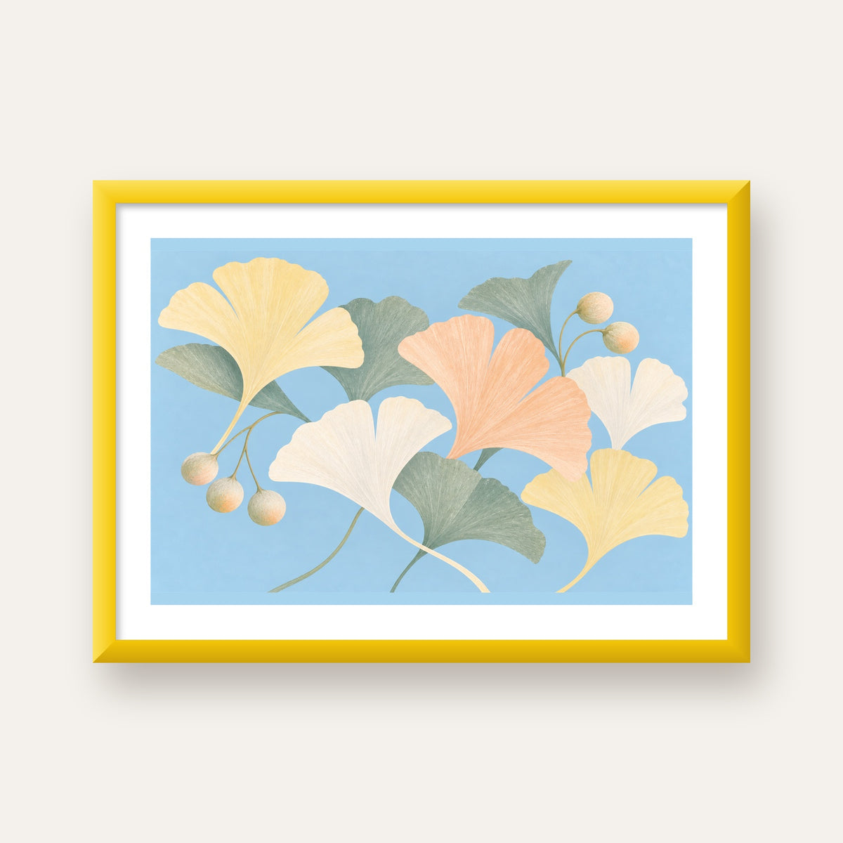 Pastel Gingko Yaprakları Dijital Poster - Zarif Duvar Sanatı — sarı çerçeveli paspartulu