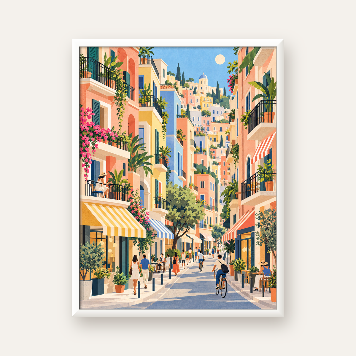 Pastel Gündüz Sokağı — beyaz çerçeveli dikey poster