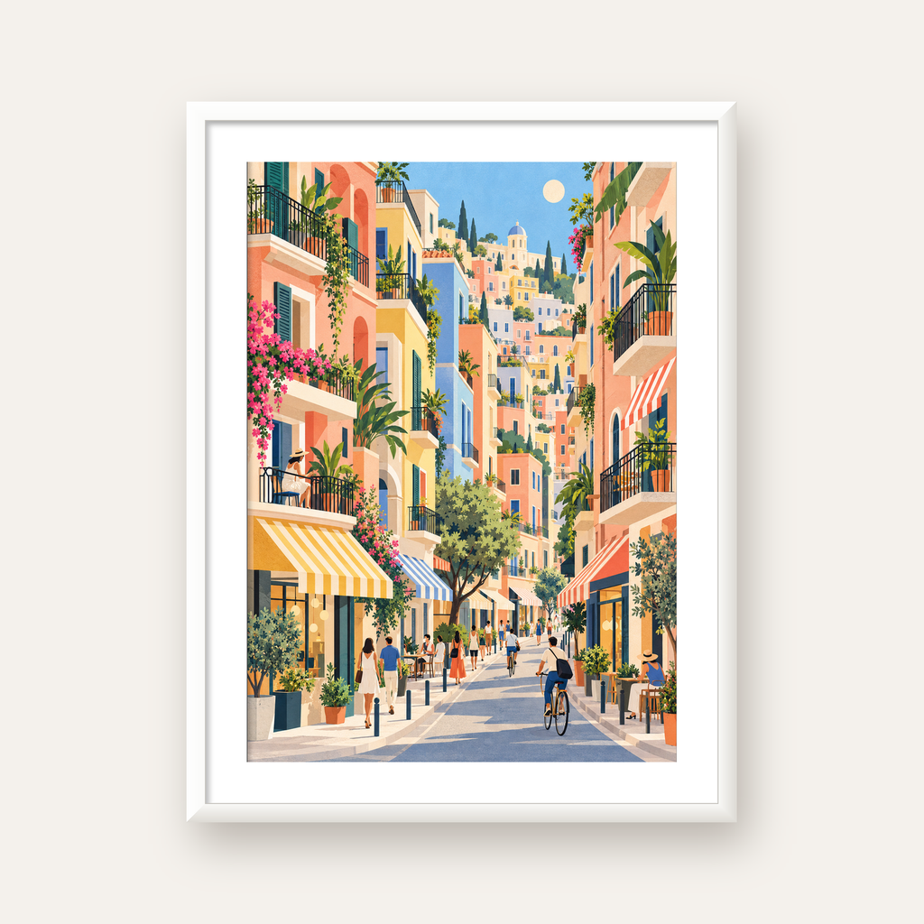 Pastel Gündüz Sokağı — beyaz çerçeveli dikey poster