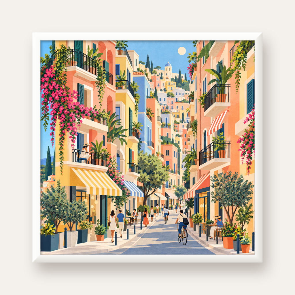 Pastel Gündüz Sokağı — beyaz çerçeveli kare poster