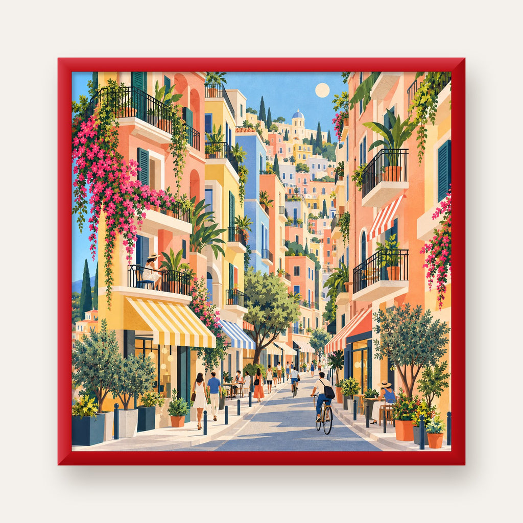 Pastel Gündüz Sokağı — kırmızı çerçeveli