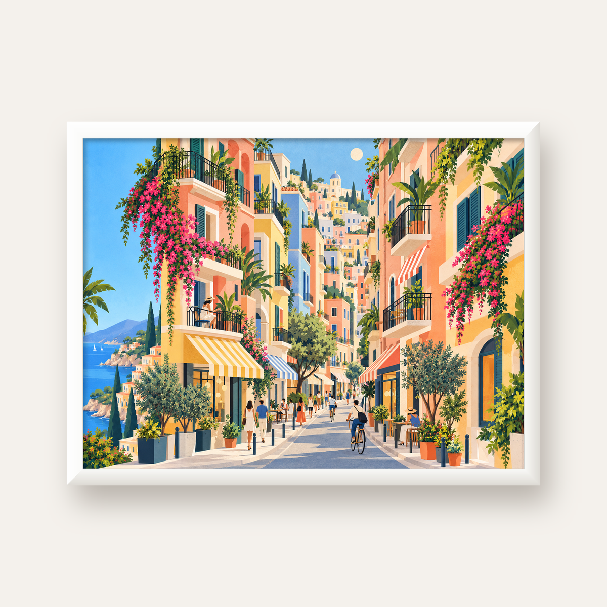 Pastel Gündüz Sokağı — beyaz çerçeveli yatay poster