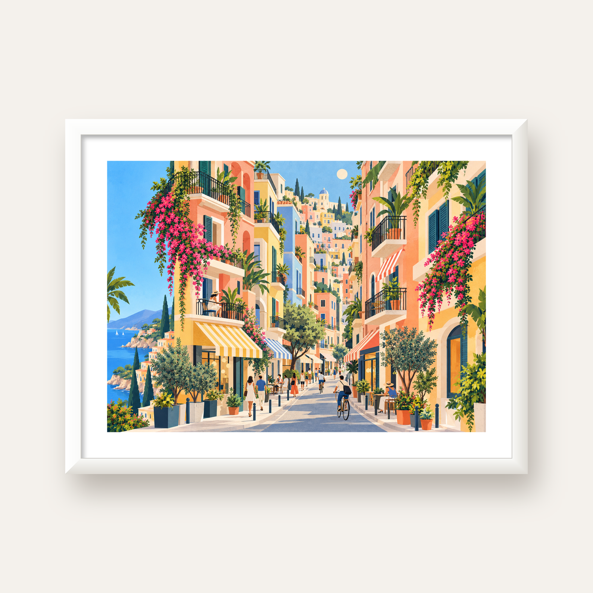Pastel Gündüz Sokağı — beyaz çerçeveli yatay poster