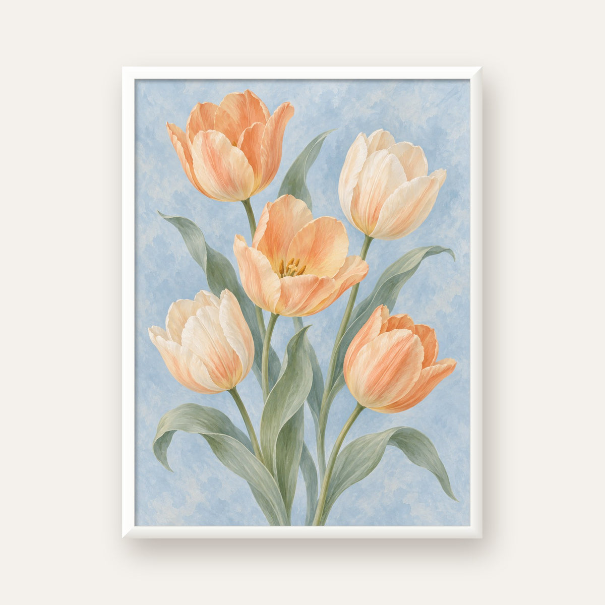Pastel Lale Çiçekleri Suluboya Poster – Yumuşak Mavi Arka Plan — beyaz çerçeveli dikey poster
