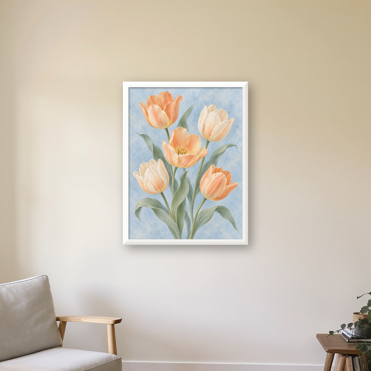 Pastel Lale Çiçekleri Suluboya Poster – Yumuşak Mavi Arka Plan — beyaz çerçeveli dikey poster
