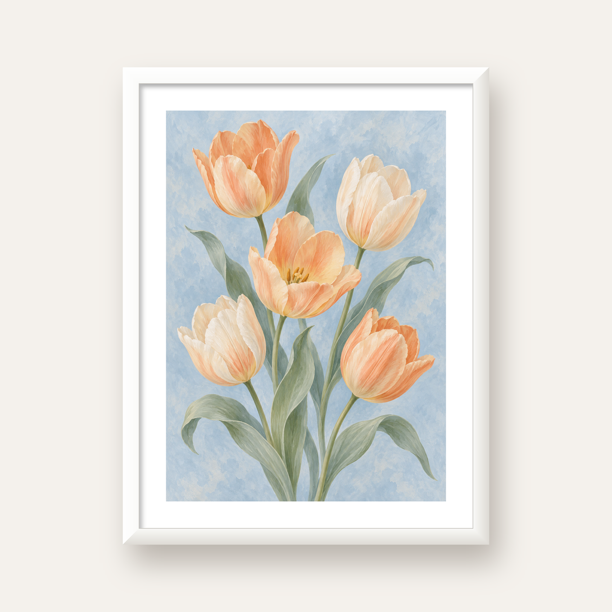 Pastel Lale Çiçekleri Suluboya Poster – Yumuşak Mavi Arka Plan — beyaz çerçeveli dikey poster