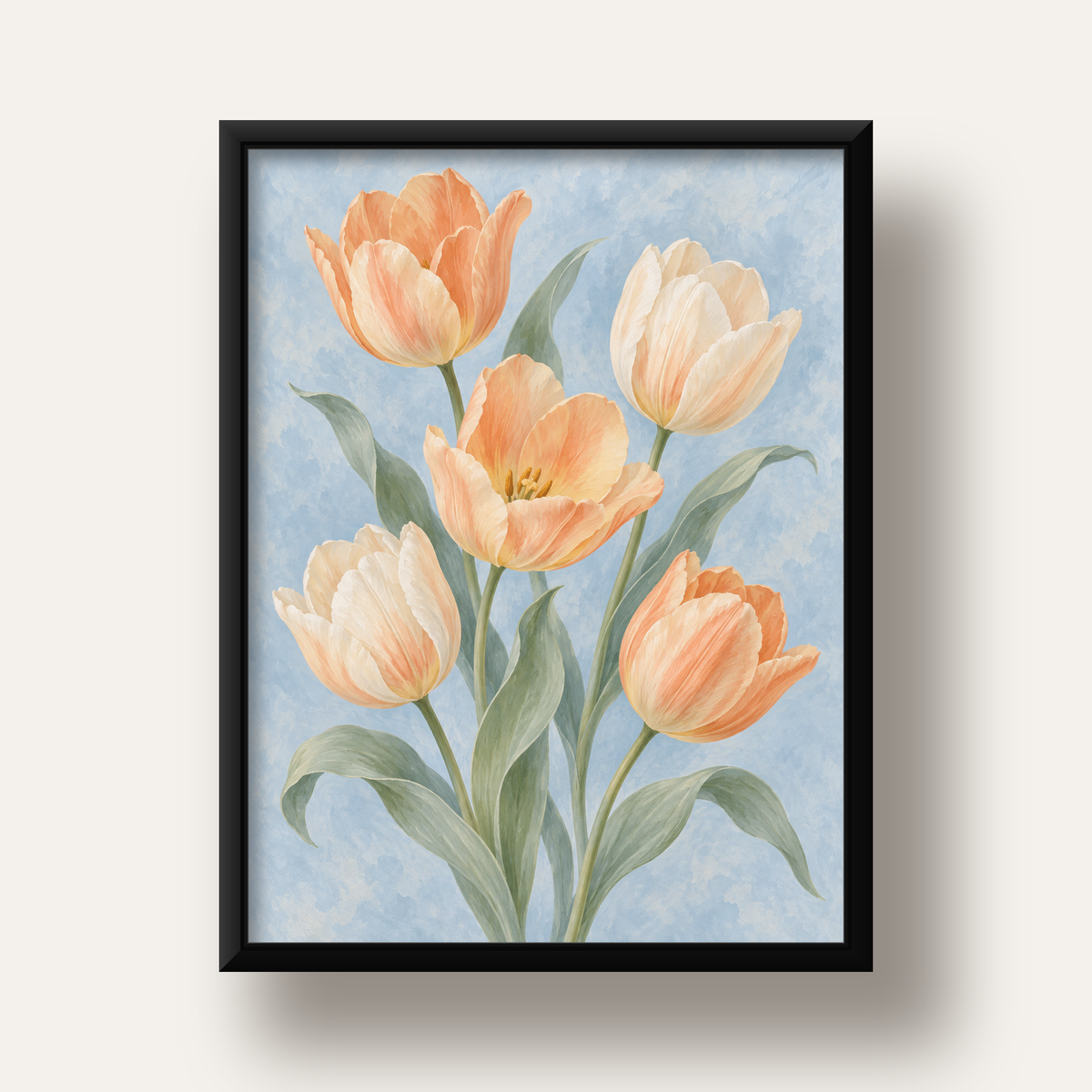 Pastel Lale Çiçekleri Suluboya Poster – Yumuşak Mavi Arka Plan — siyah derin çerçeveli