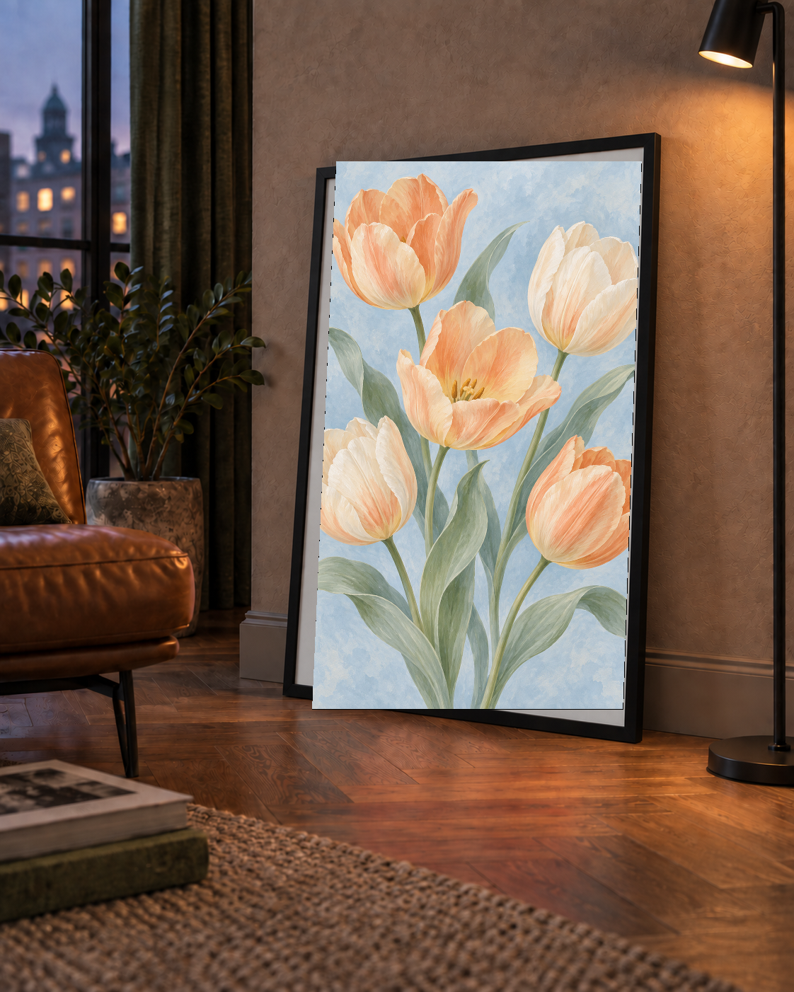 Pastel Lale Çiçekleri Suluboya Poster – Yumuşak Mavi Arka Plan