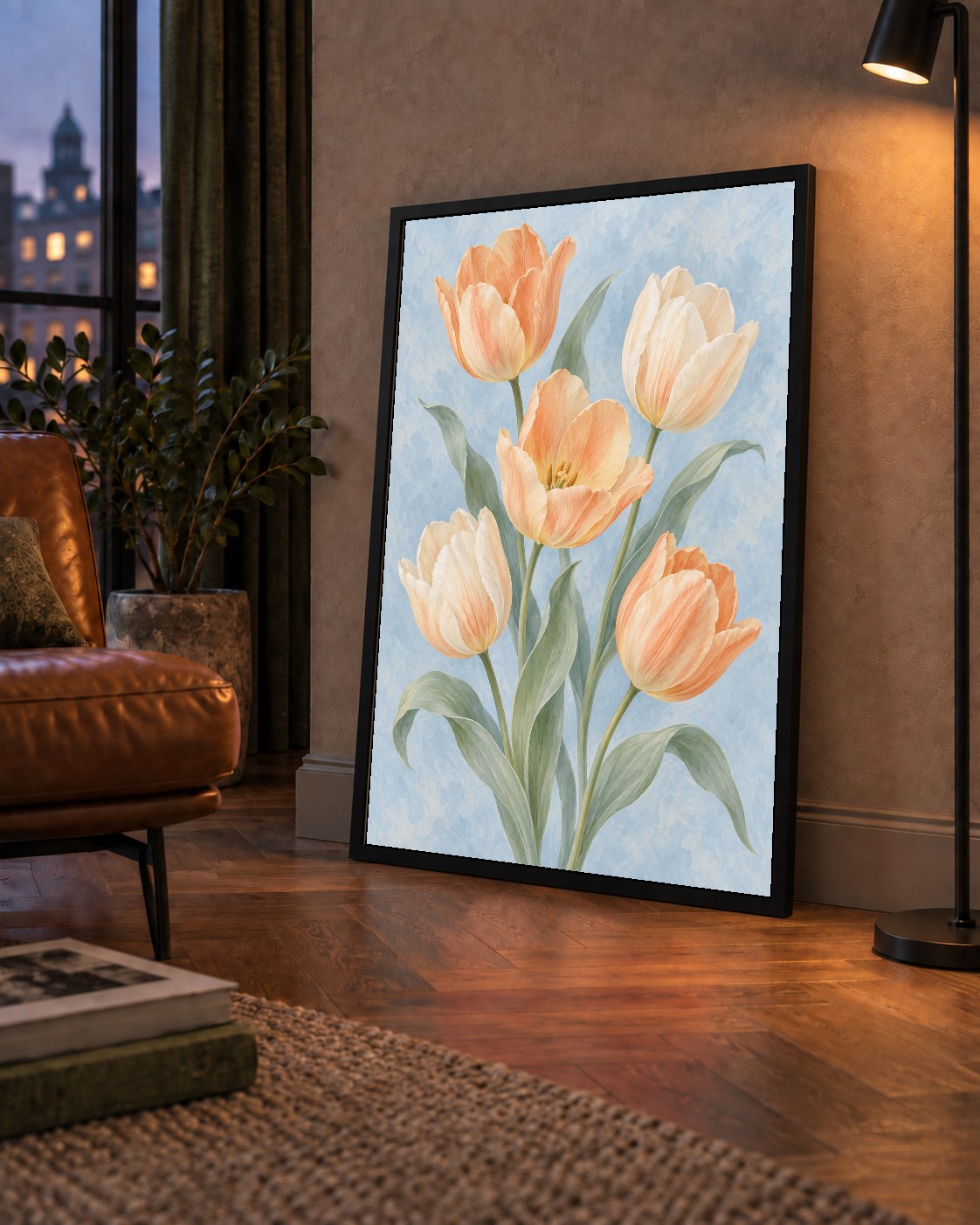 Pastel Lale Çiçekleri Suluboya Poster – Yumuşak Mavi Arka Plan
