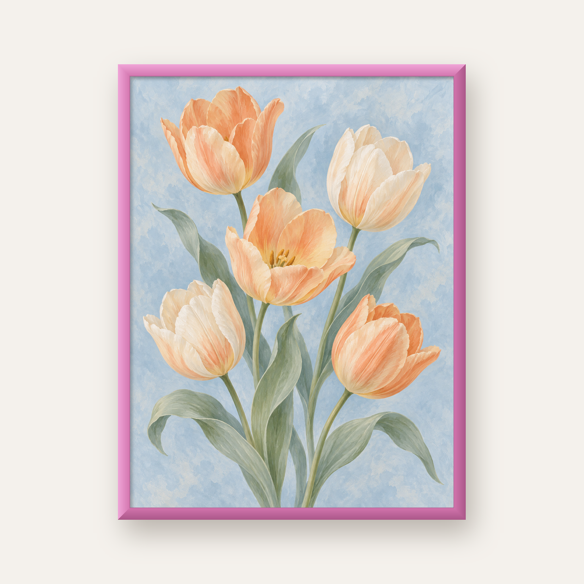 Pastel Lale Çiçekleri Suluboya Poster – Yumuşak Mavi Arka Plan — pembe çerçeveli