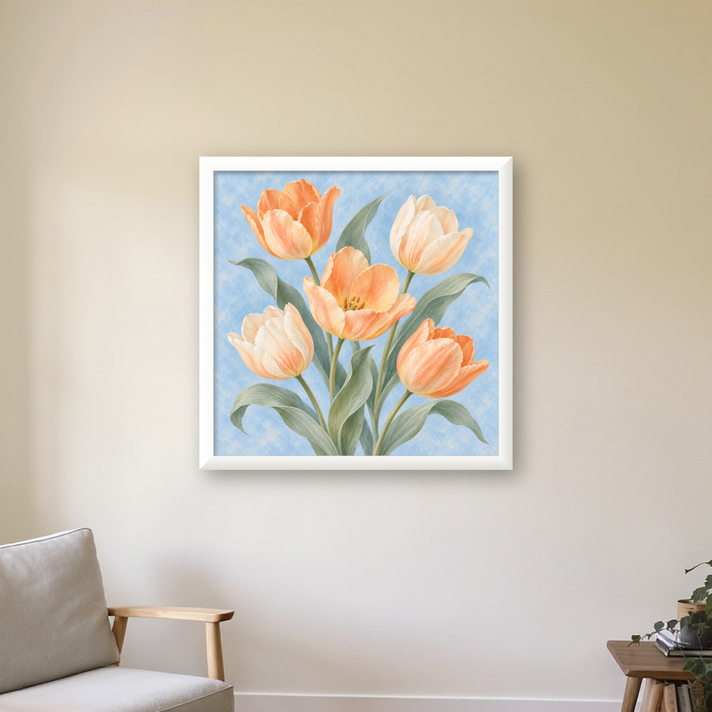 Pastel Lale Çiçekleri Suluboya Poster – Yumuşak Mavi Arka Plan — beyaz çerçeveli kare poster