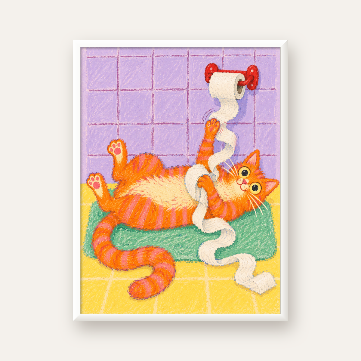 Turuncu Kedi ve Tuvalet Kağıdı Poster – Renkli Eğlenceli Dekor — beyaz çerçeveli dikey poster