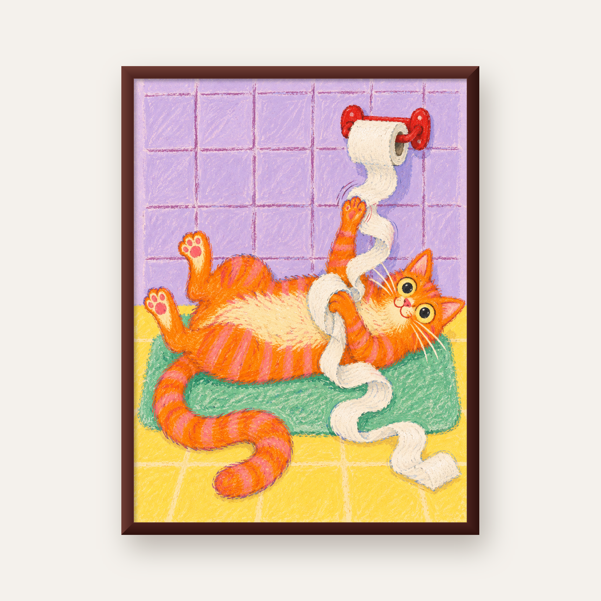 Turuncu Kedi ve Tuvalet Kağıdı Poster – Renkli Eğlenceli Dekor — ceviz çerçeveli