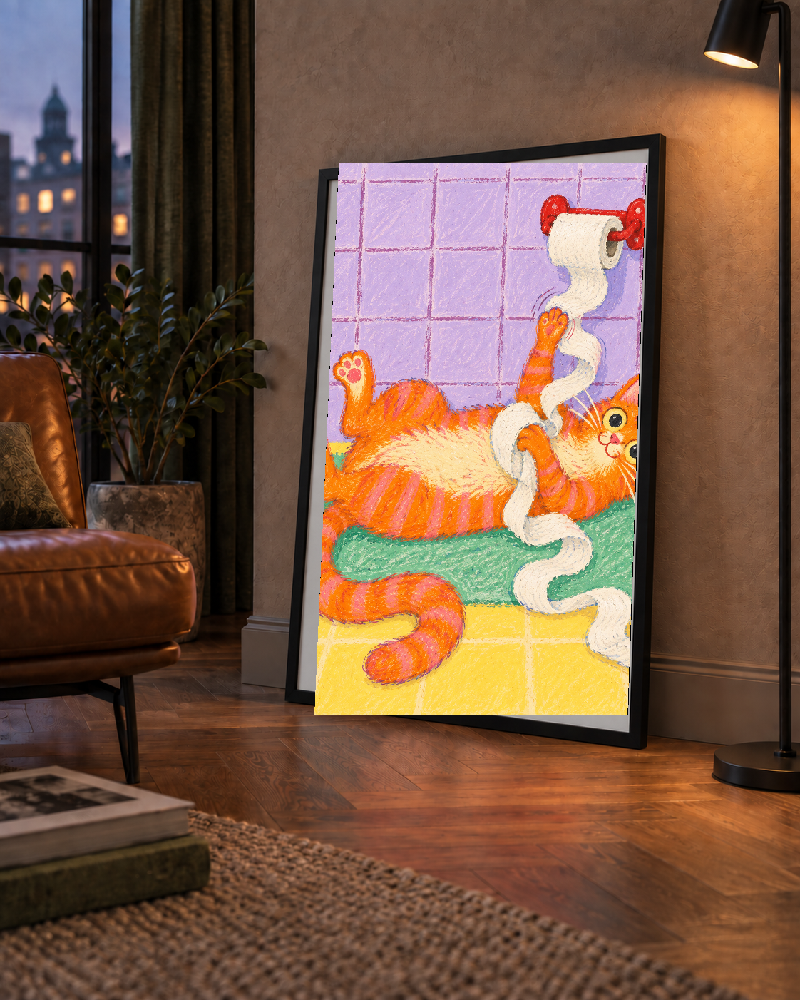 Turuncu Kedi ve Tuvalet Kağıdı Poster – Renkli Eğlenceli Dekor